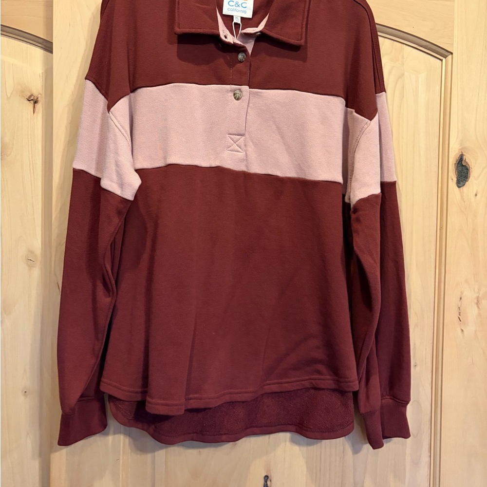 C&C California Women's Rose and Dusty Pink Rugby Pullover Lightweight Sweater